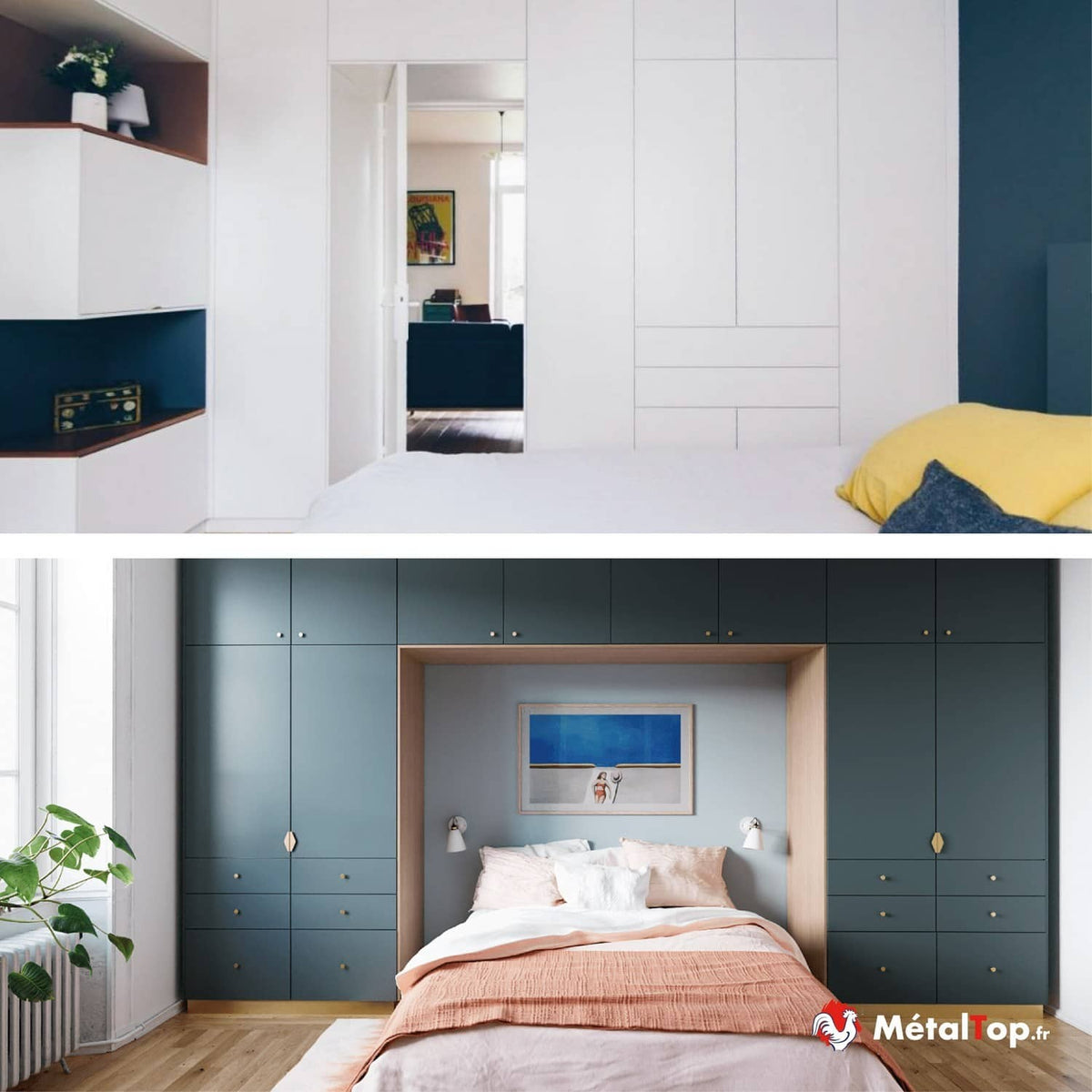 Chambre avec placards sur mesure bleu canard encadrant un lit aux draps roses et une peinture bleue
