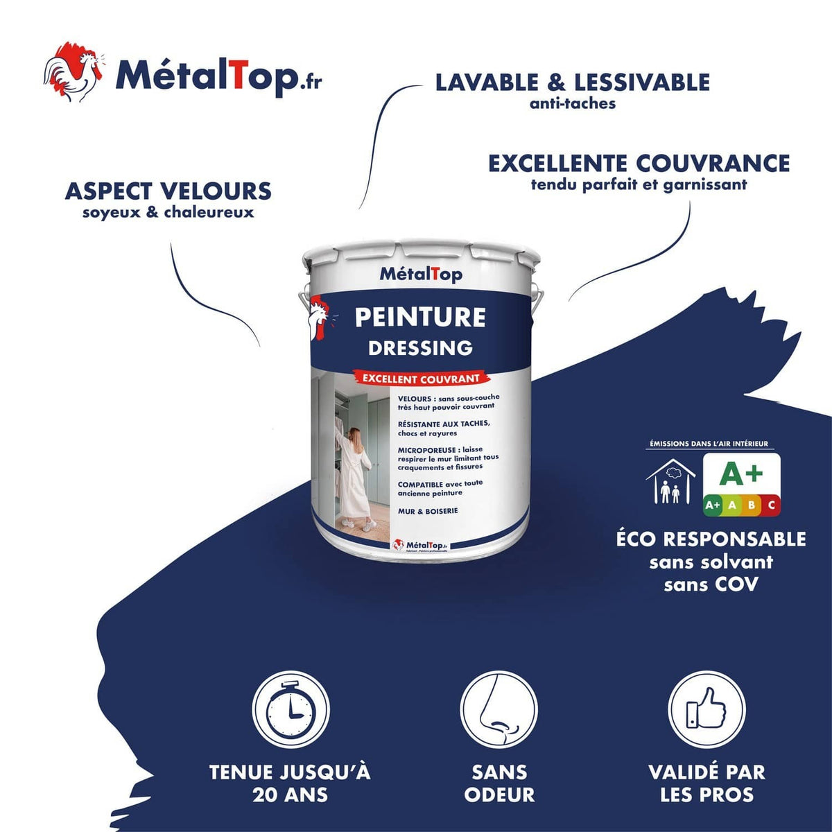 Pot de peinture MétalTop Dressing velours, lavable, excellent couvrant, éco-responsable A+