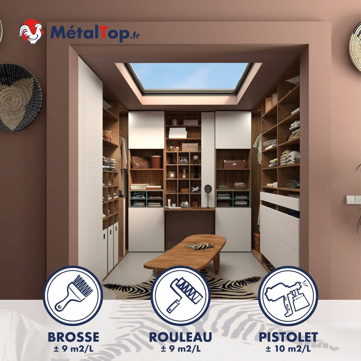 Dressing blanc et bois sous puits de lumière, peinture MétalTop brosse, rouleau ou pistolet