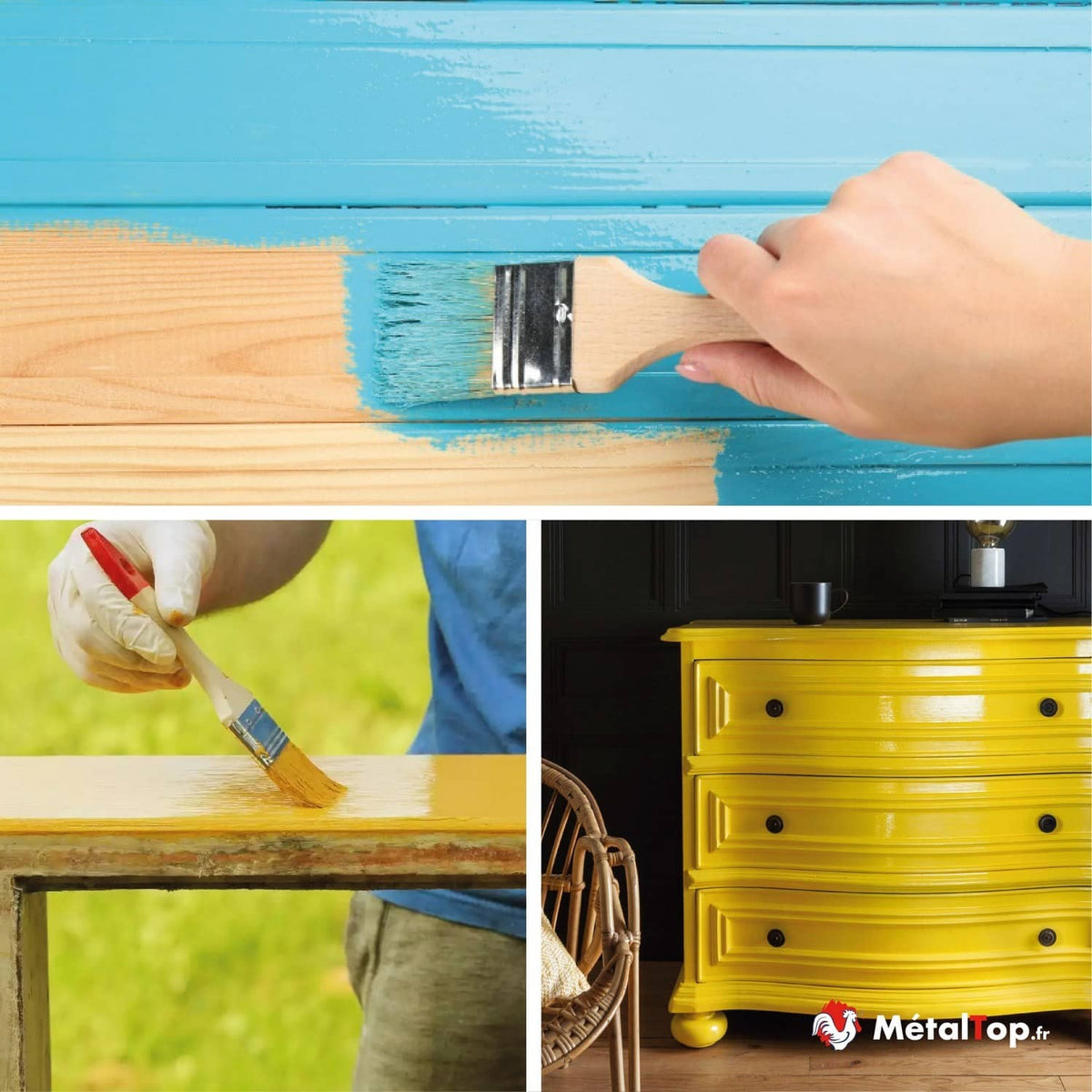 Peinture bois au pinceau : planches turquoise, table jaune et commode jaune laquée