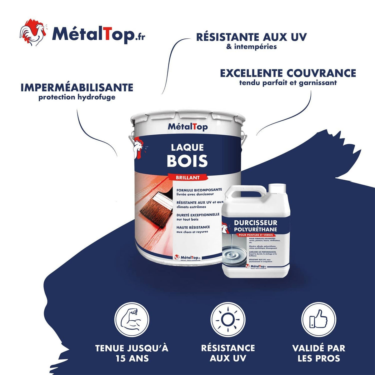 Pot de laque bois MétalTop brillant et bidon de durcisseur polyuréthane sur fond bleu marine