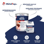 Pot de laque bois MétalTop brillant et bidon de durcisseur polyuréthane sur fond bleu marine