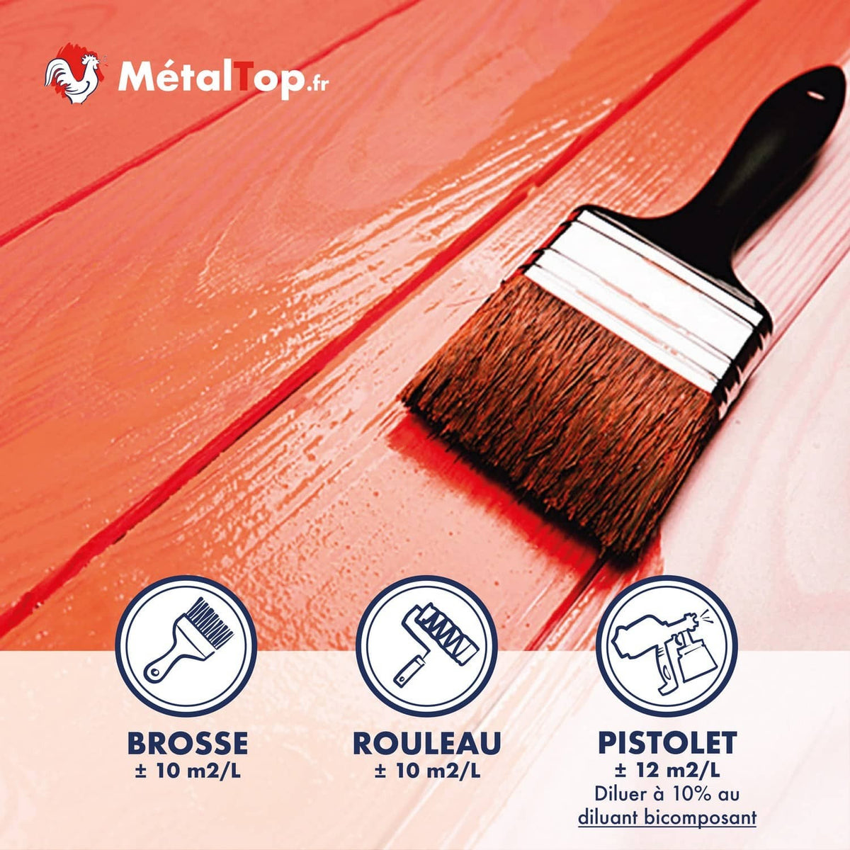 Pinceau étalant une peinture rouge sur planches de bois, pictogrammes brosse, rouleau et pistolet
