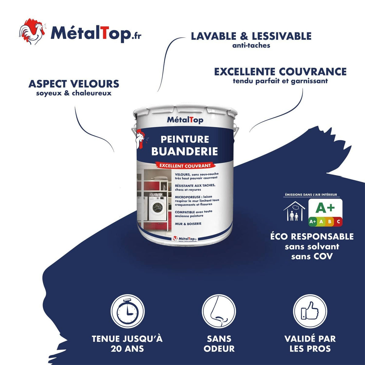 Pot de peinture MétalTop Buanderie velours lavable, avec visuel de buanderie rouge et blanche
