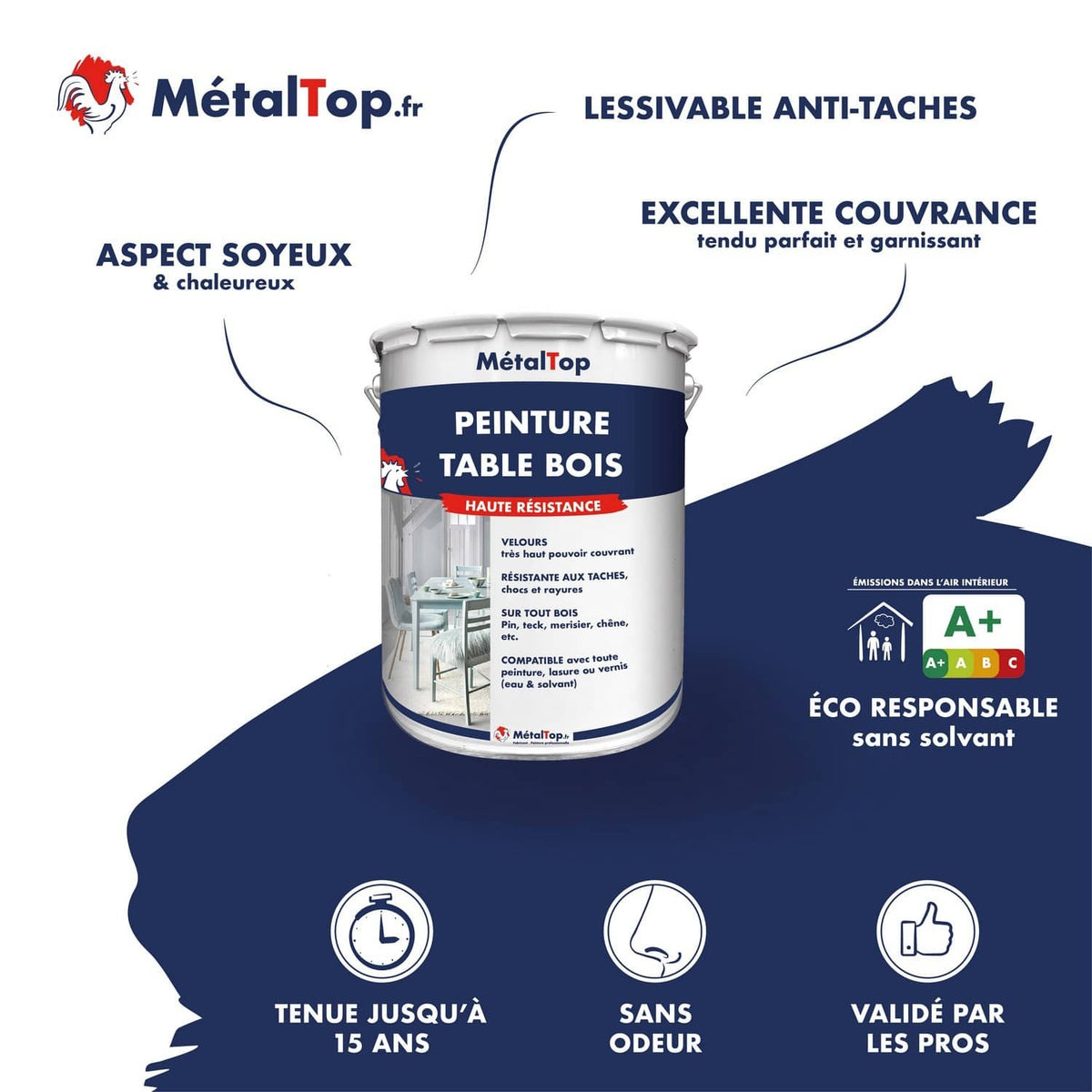 Pot de peinture table bois MétalTop haute résistance, lessivable et sans solvant