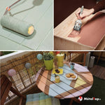 Rouleau et pinceau pour peindre le bois, table de jardin peinte en couleurs pastel