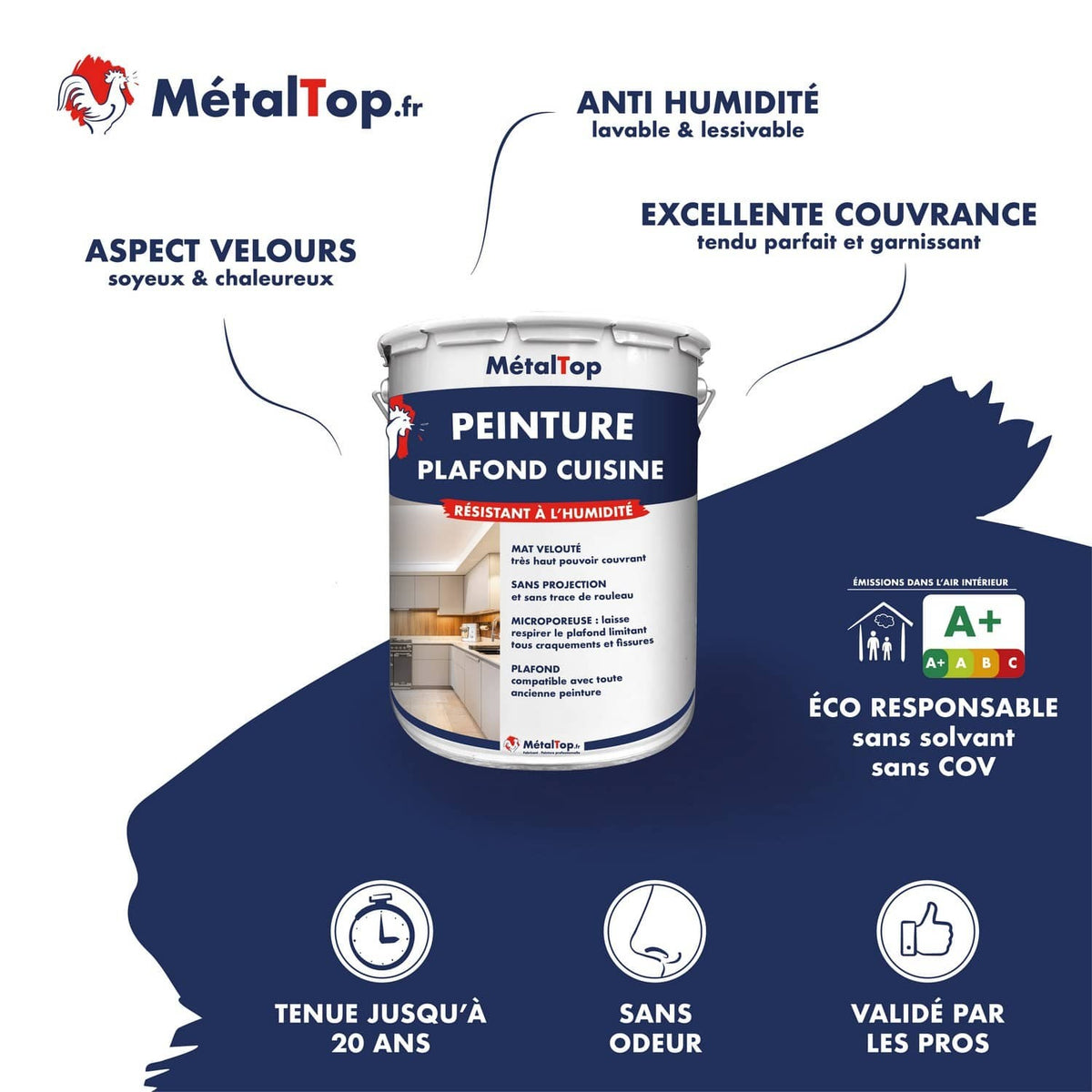 Pot de peinture MétalTop Plafond Cuisine résistant à l'humidité, finition mat velouté, émissions A+