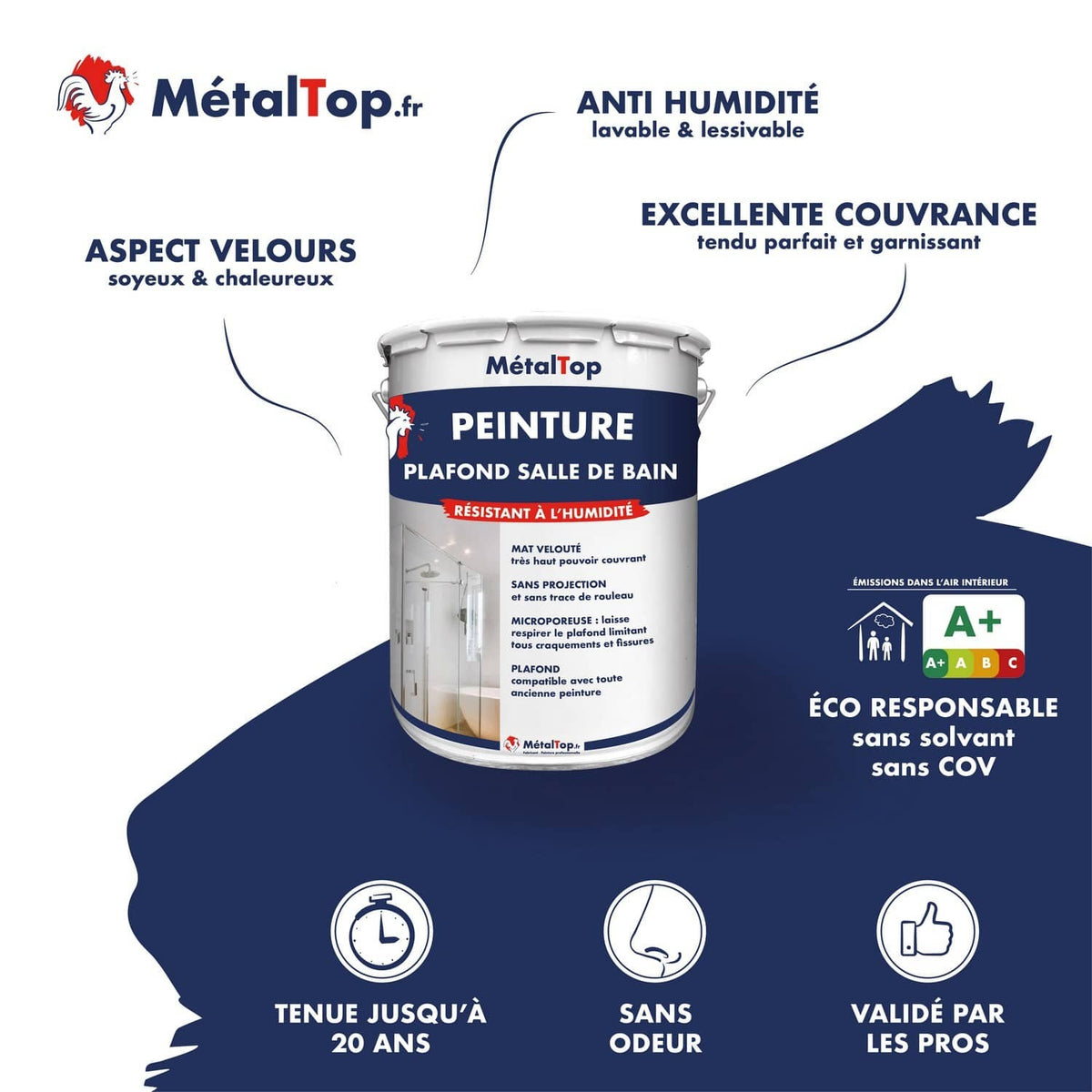 Pot de peinture MétalTop plafond salle de bain, résistant à l'humidité, mat velouté