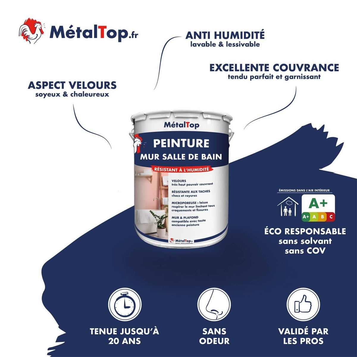 Pot de peinture MétalTop pour salle de bain, résistant à l'humidité, fond bleu marine