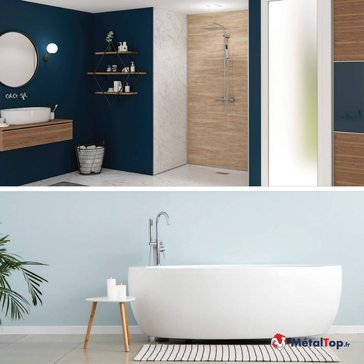 Salle de bain avec douche à l'italienne habillée de bois, murs bleu canard et baignoire ovale blanche