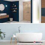 Salle de bain avec douche à l'italienne habillée de bois, murs bleu canard et baignoire ovale blanche