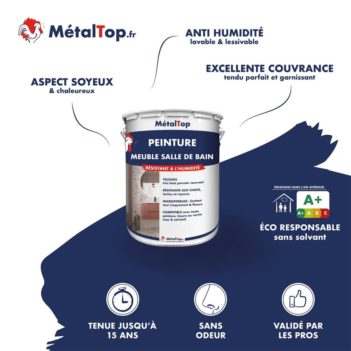 Pot blanc de peinture MétalTop pour meuble de salle de bain, résistant à l'humidité