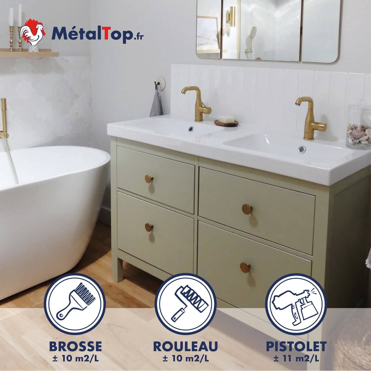 Meuble vasque vert sauge peint avec robinets dorés, peinture MétalTop