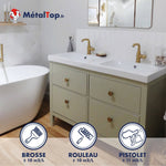 Meuble vasque vert sauge peint avec robinets dorés, peinture MétalTop