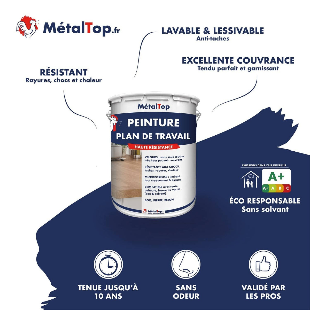 Pot de peinture MétalTop pour plan de travail, haute résistance, lavable et éco responsable A+