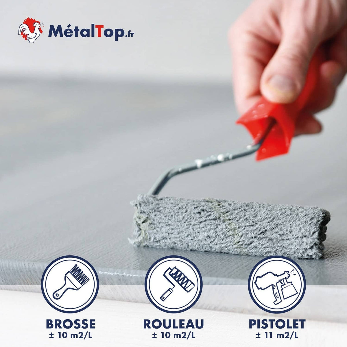 Application au rouleau de peinture grise MétalTop sur métal, avec rendements par outil