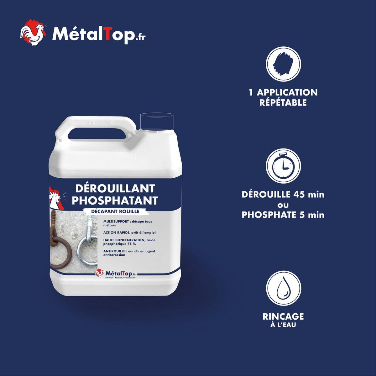 Bidon blanc de dérouillant phosphatant MétalTop à 75 % d'acide phosphorique, décapant rouille