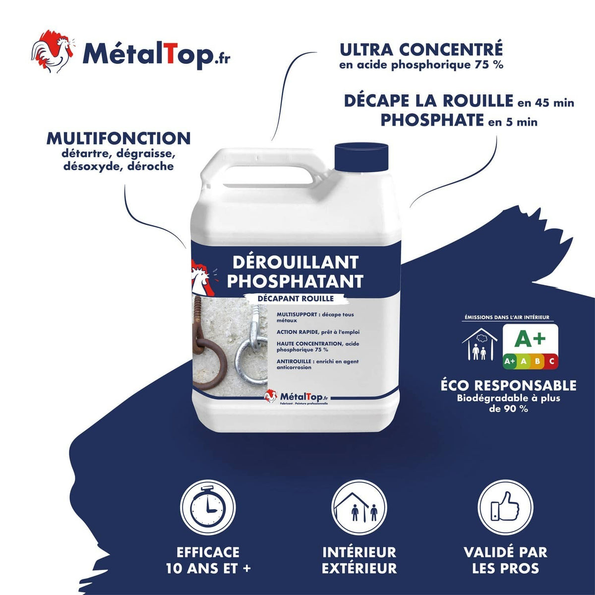 Bidon de dérouillant phosphatant MétalTop, décapant rouille à 75 % d'acide phosphorique