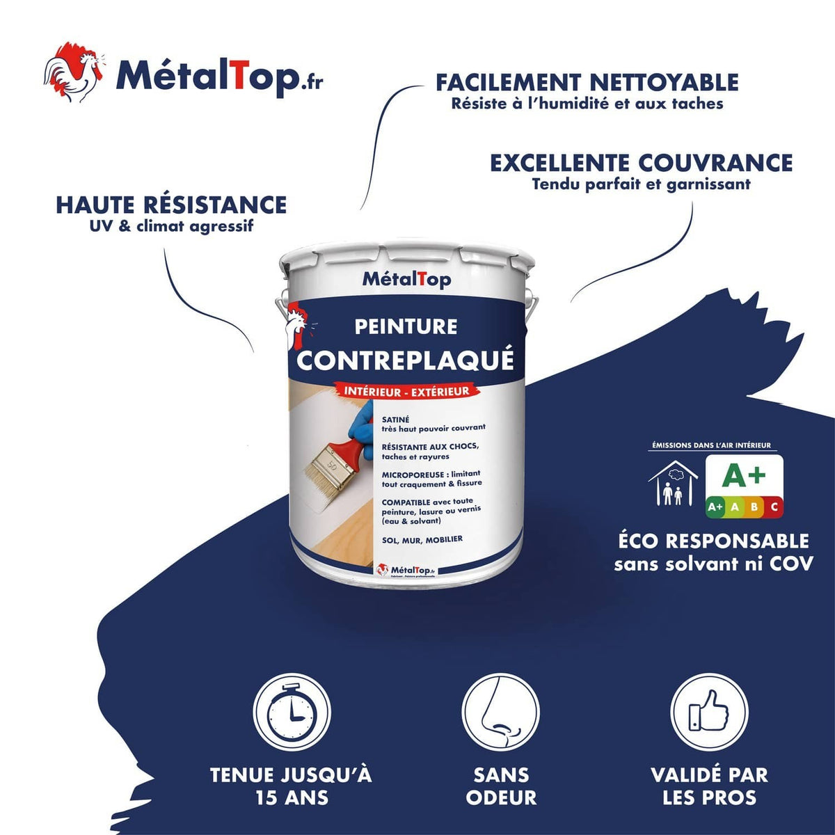Pot de peinture contreplaqué MétalTop satinée, usage intérieur et extérieur