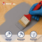 Peinture grise MétalTop appliquée au pinceau sur bois, rendements brosse, rouleau et pistolet
