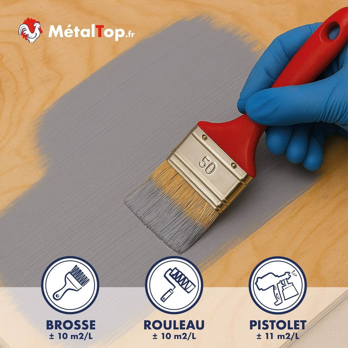 Peinture grise MétalTop appliquée au pinceau sur bois, rendements brosse, rouleau et pistolet