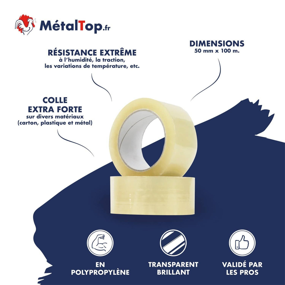 Rouleaux de ruban adhésif transparent MétalTop en polypropylène, 50 mm x 100 m
