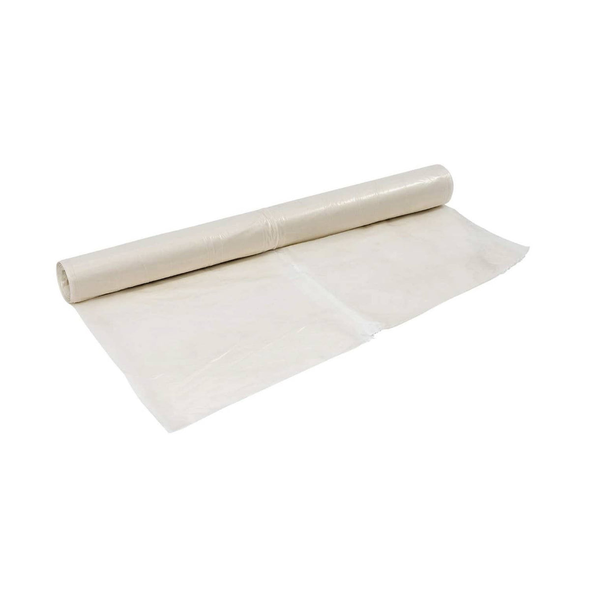 Rouleau de film plastique translucide partiellement déroulé sur fond blanc