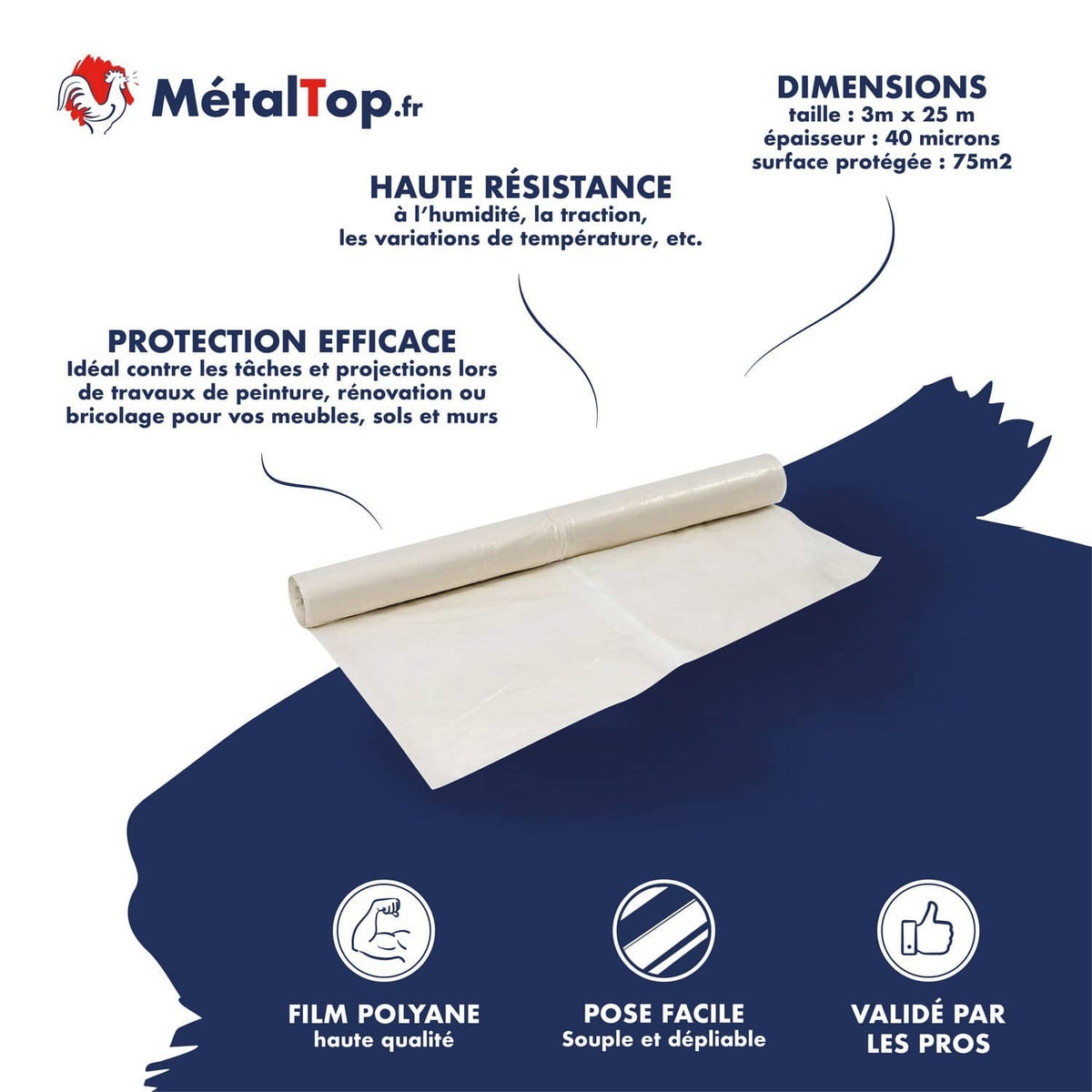 Rouleau de film polyane de protection 3 m x 25 m, 40 microns, pour travaux de peinture et rénovation