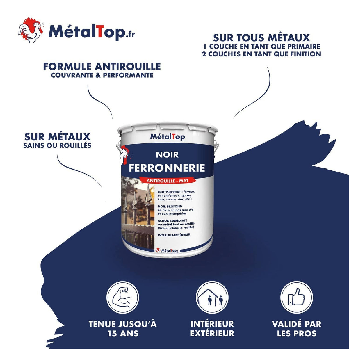 Pot de peinture Noir Ferronnerie MétalTop antirouille mat, illustration de grilles en fer forgé
