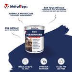Pot de peinture Noir Ferronnerie MétalTop antirouille mat, illustration de grilles en fer forgé