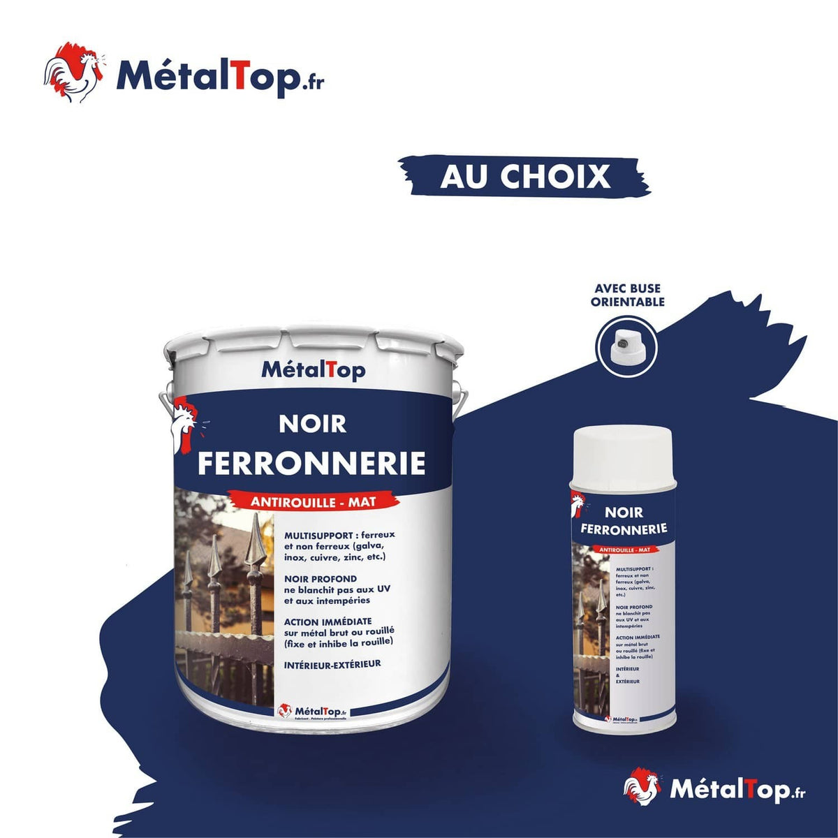 Peinture Noir Ferronnerie antirouille mat MétalTop en pot et en spray à buse orientable