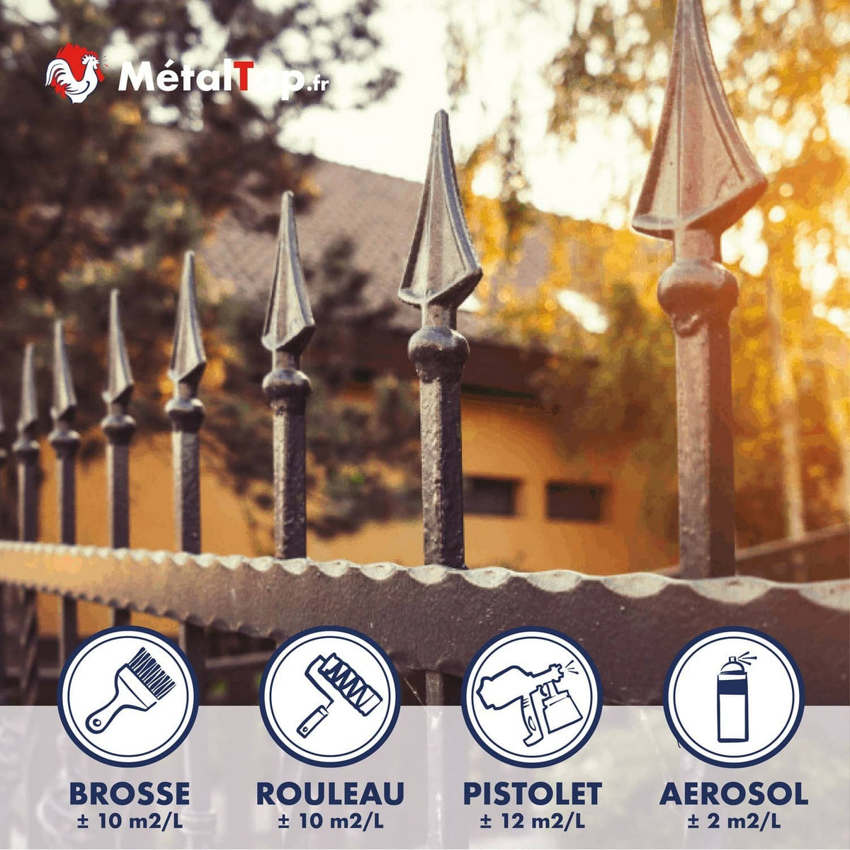 Grille en fer forgé à pointes, pictogrammes brosse, rouleau, pistolet et aérosol MétalTop