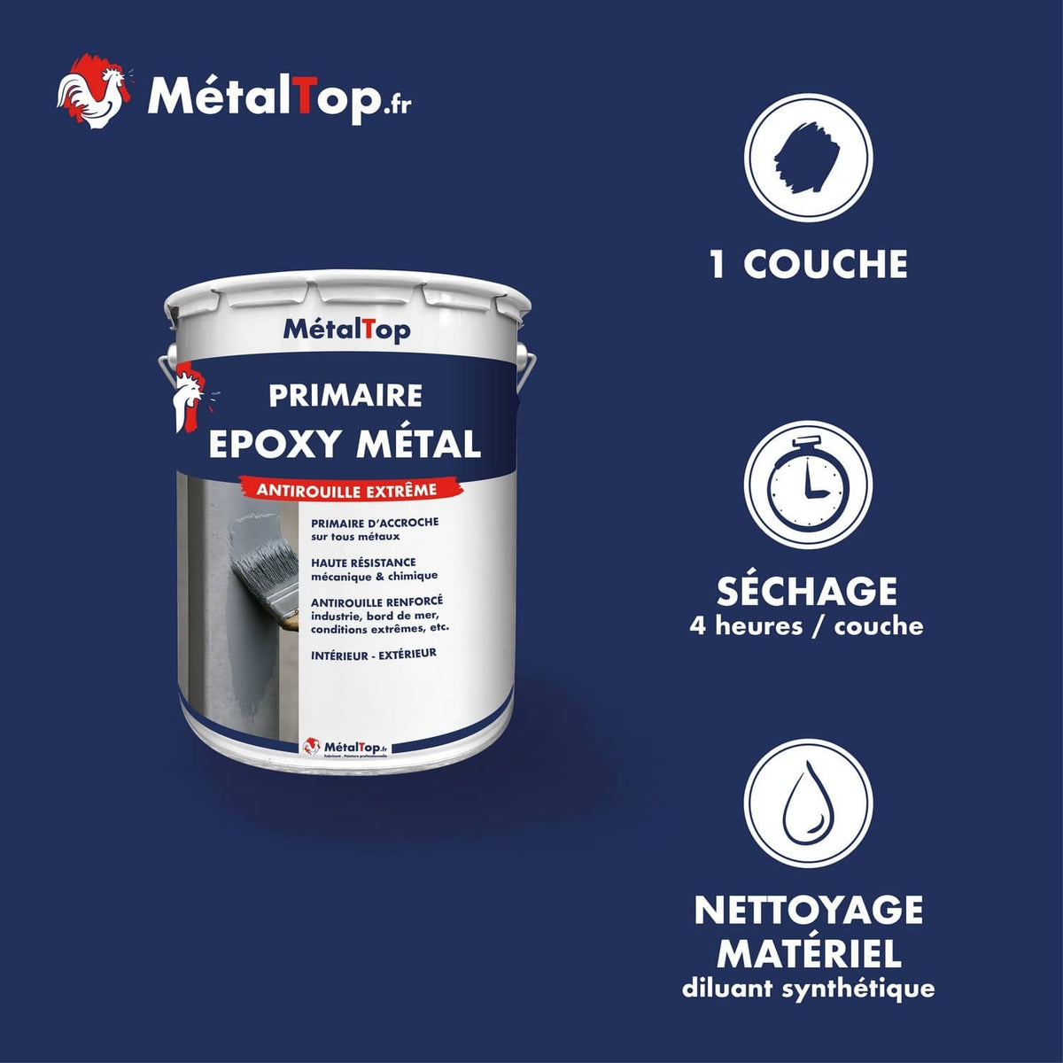 Pot de primaire époxy métal MétalTop antirouille extrême, étiquette bleue marine