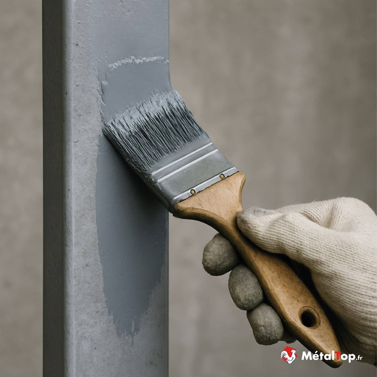Application de peinture grise au pinceau sur un profilé métallique
