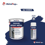 Pot et bombe aérosol de primaire époxy métal antirouille extrême MétalTop sur fond bleu marine