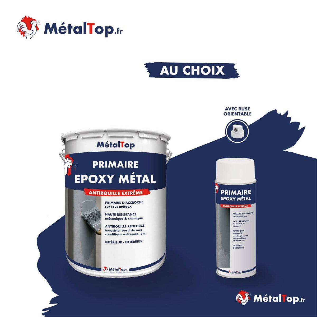 Pot et bombe aérosol de primaire époxy métal antirouille extrême MétalTop sur fond bleu marine