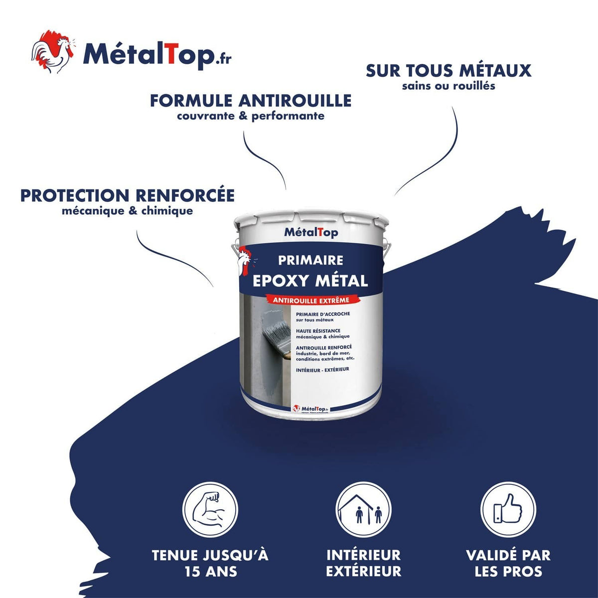 Pot de primaire époxy métal MétalTop antirouille extrême sur fond bleu marine