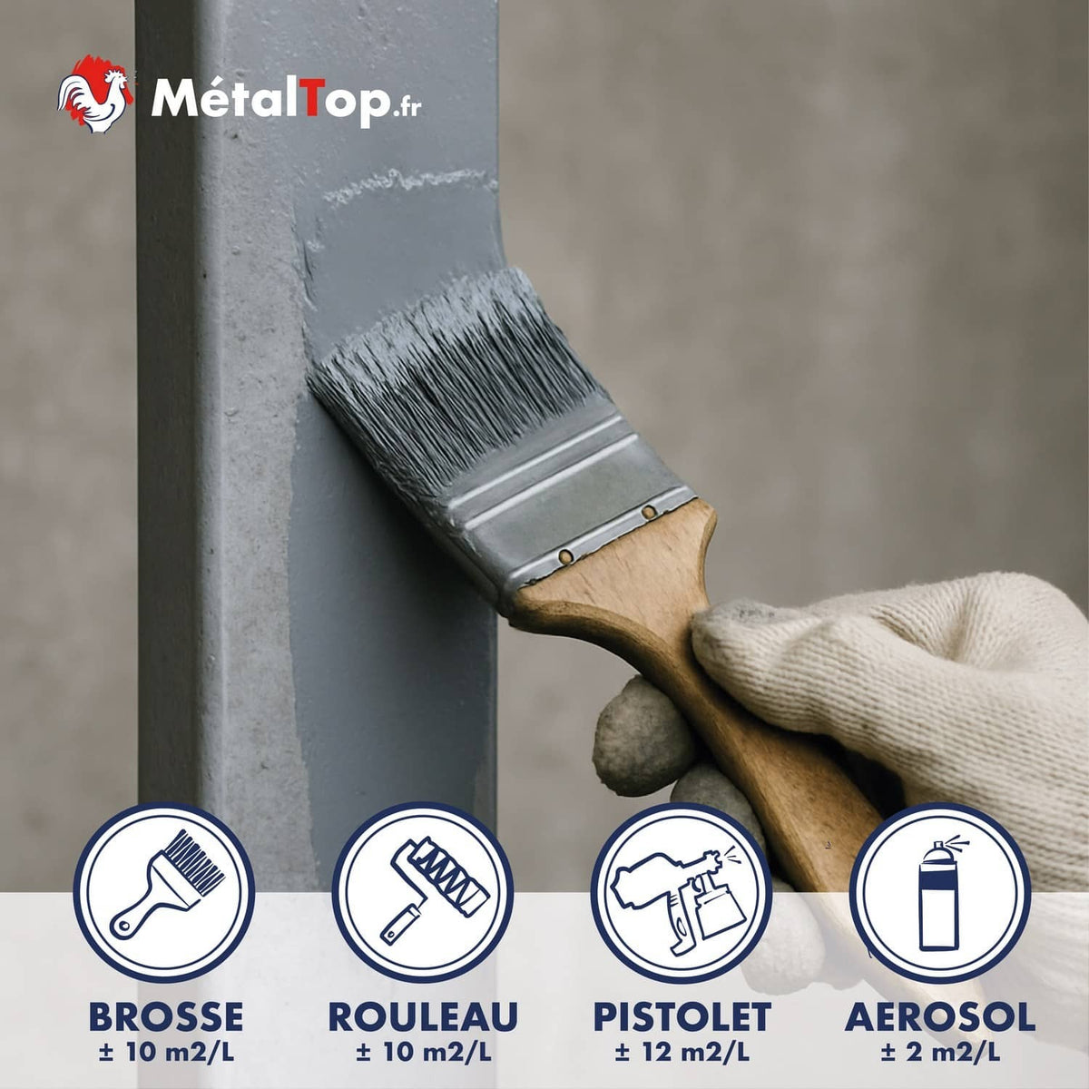 Peinture métal grise appliquée au pinceau sur un profilé, avec icônes des modes d'application