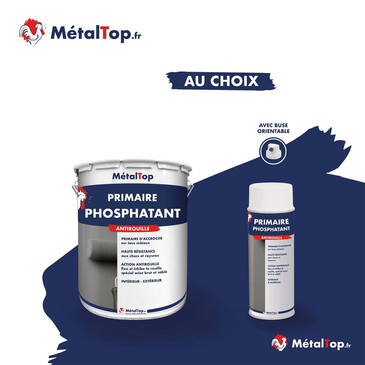 Pot de primaire phosphatant antirouille MétalTop et bombe aérosol avec buse orientable