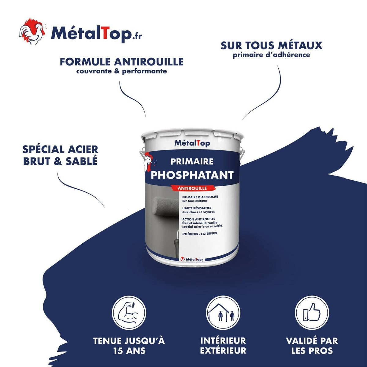 Pot de primaire phosphatant antirouille MétalTop, spécial acier brut et sablé