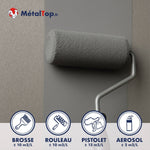 Peinture MétalTop grise appliquée au rouleau sur un mur, avec rendements par outil