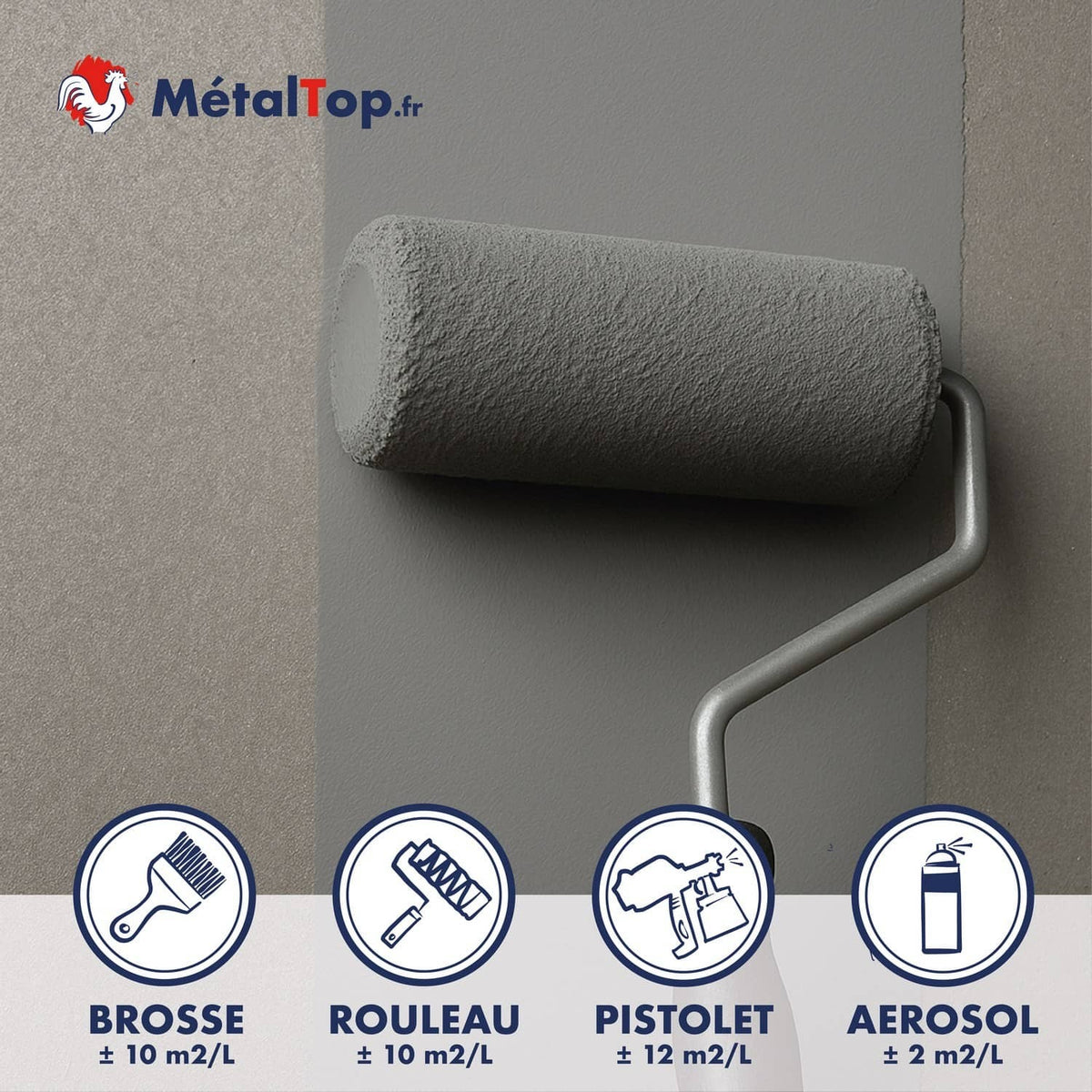 Peinture MétalTop grise appliquée au rouleau sur un mur, avec rendements par outil