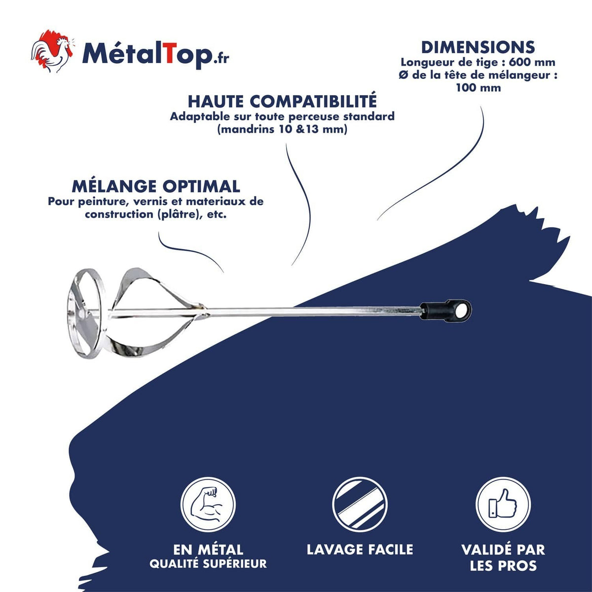 Mélangeur à peinture chromé MétalTop, tige de 600 mm et tête de 100 mm pour perceuse