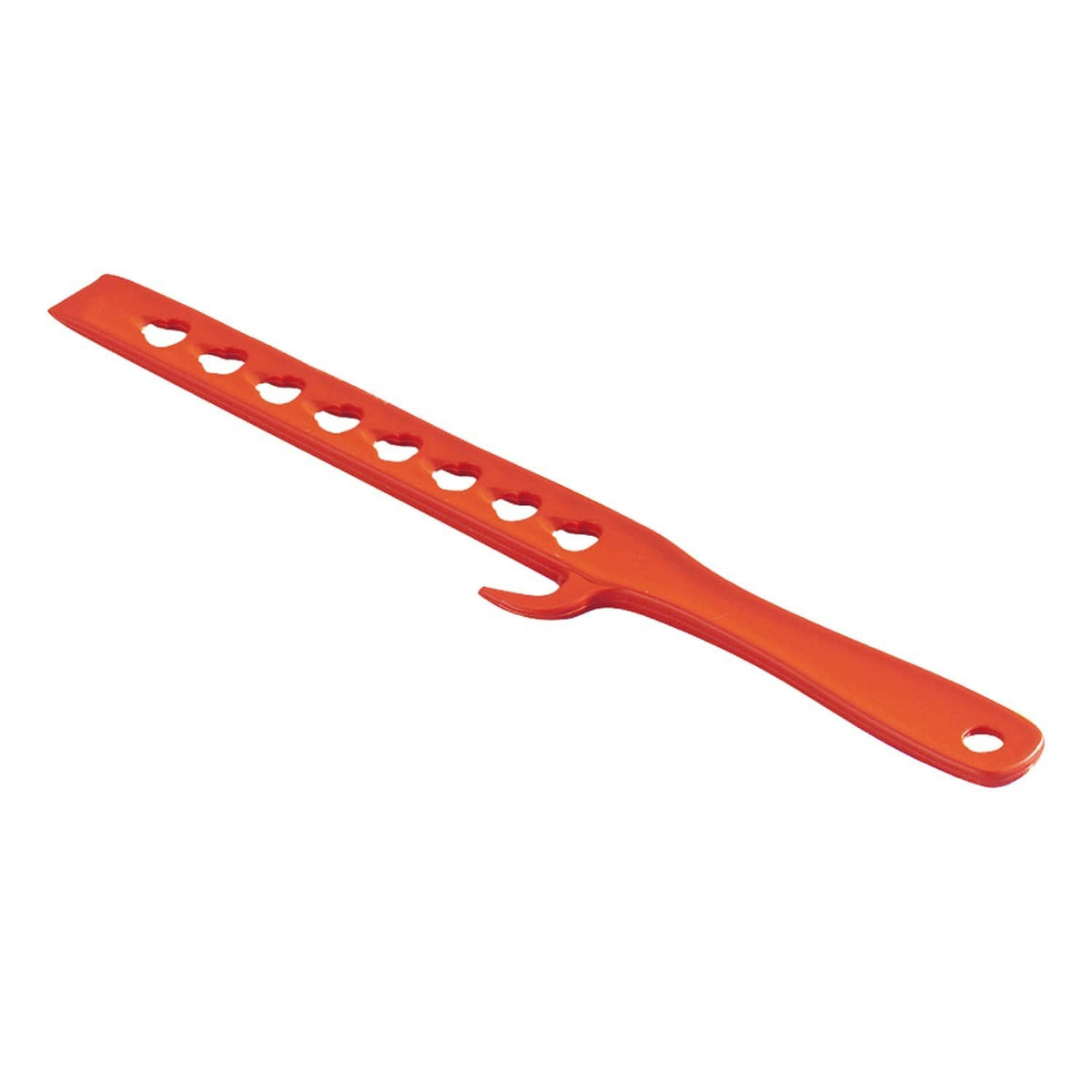 Outil en plastique orange avec perforations en forme de cœur et crochet d'ouverture