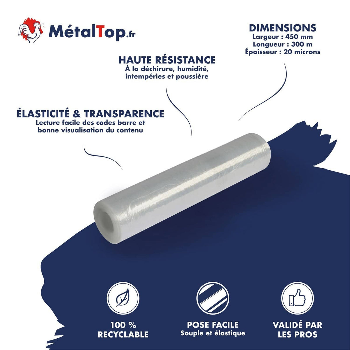 Rouleau de film étirable transparent MétalTop, 450 mm x 300 m, 20 microns