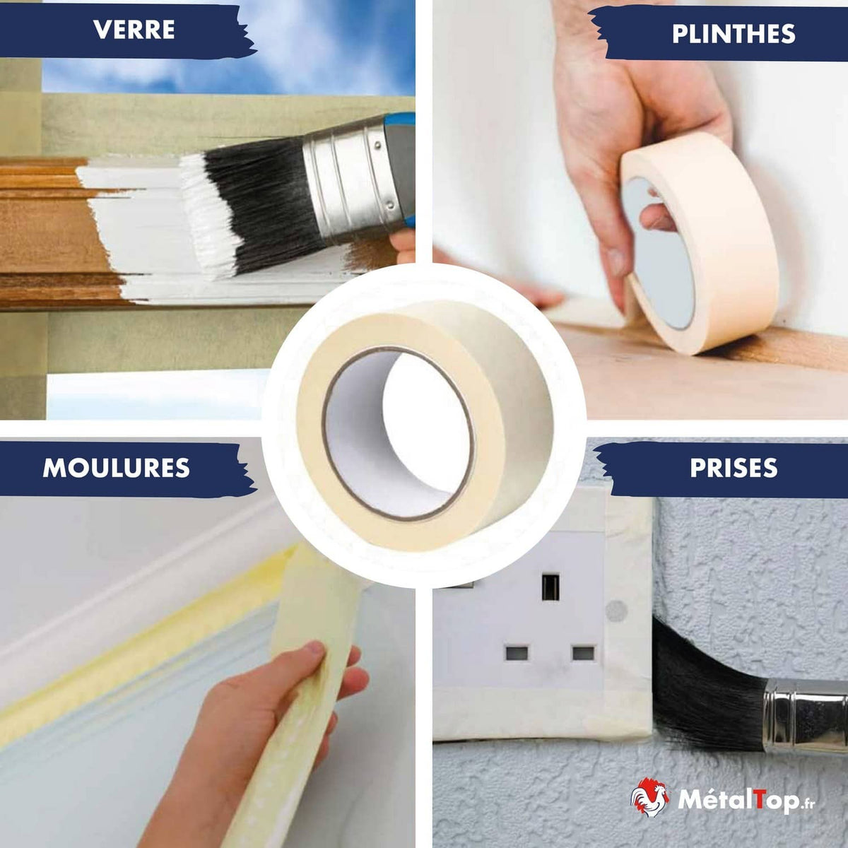 Ruban de masquage beige pour protéger vitres, plinthes, moulures et prises lors de la peinture