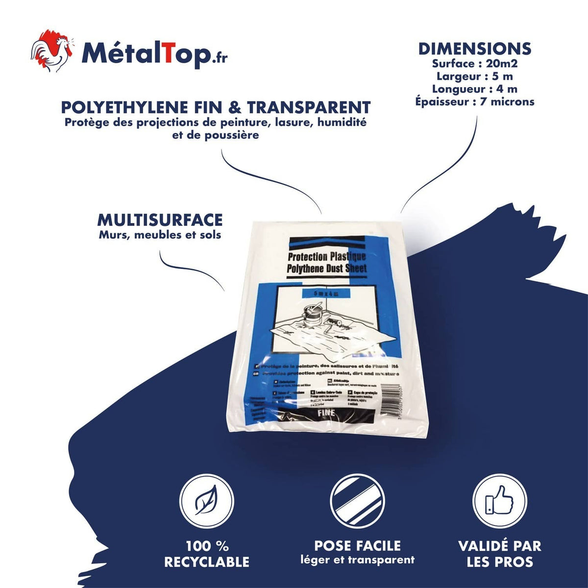 Bâche plastique transparente MétalTop 5 x 4 m (20 m²) pour protéger sols, murs et meubles