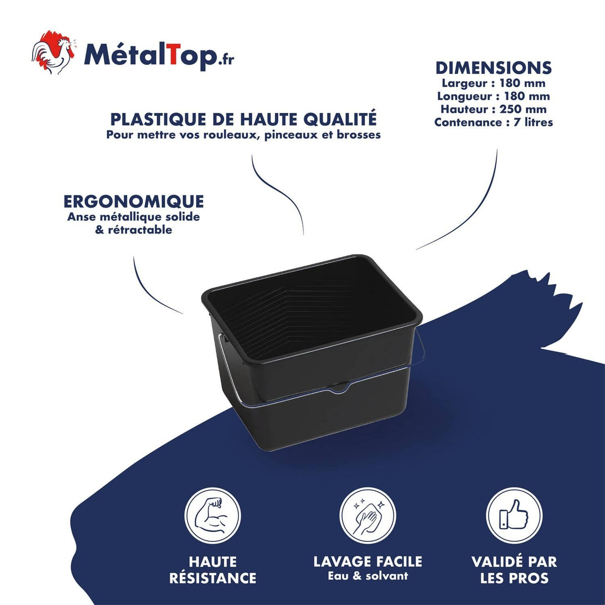 Bac à peinture noir MétalTop de 7 litres en plastique avec anse métallique rétractable