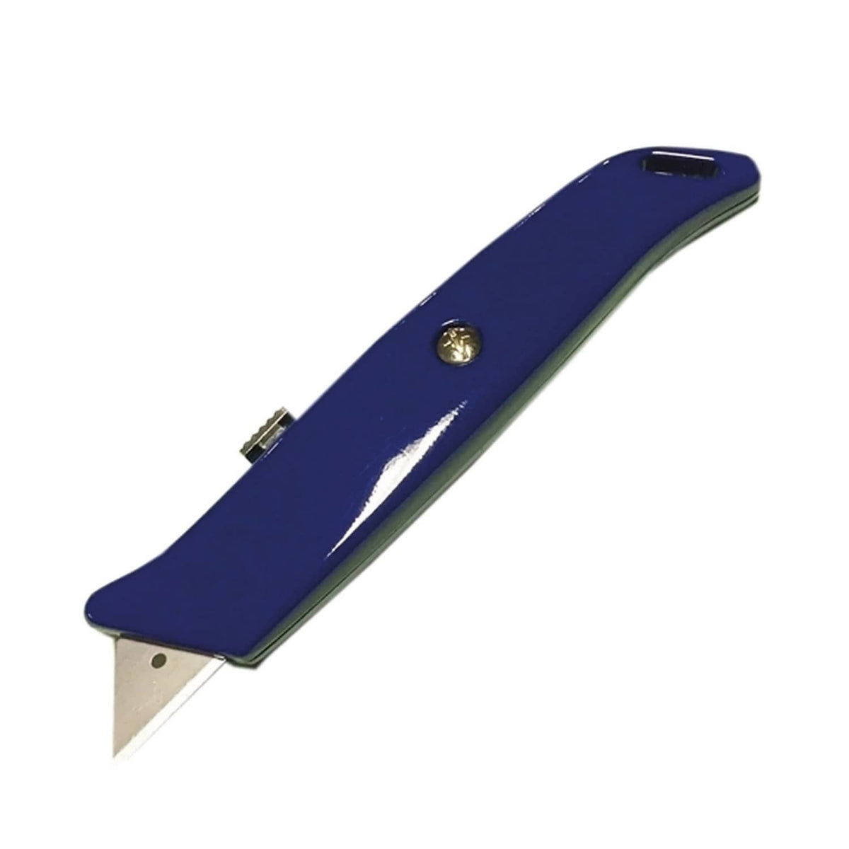 Cutter à manche bleu avec lame trapézoïdale en acier et vis dorée