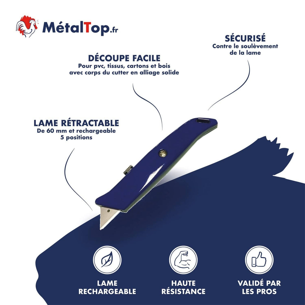 Cutter bleu MétalTop à lame rétractable de 60 mm, rechargeable, présenté sur fond blanc et bleu marine